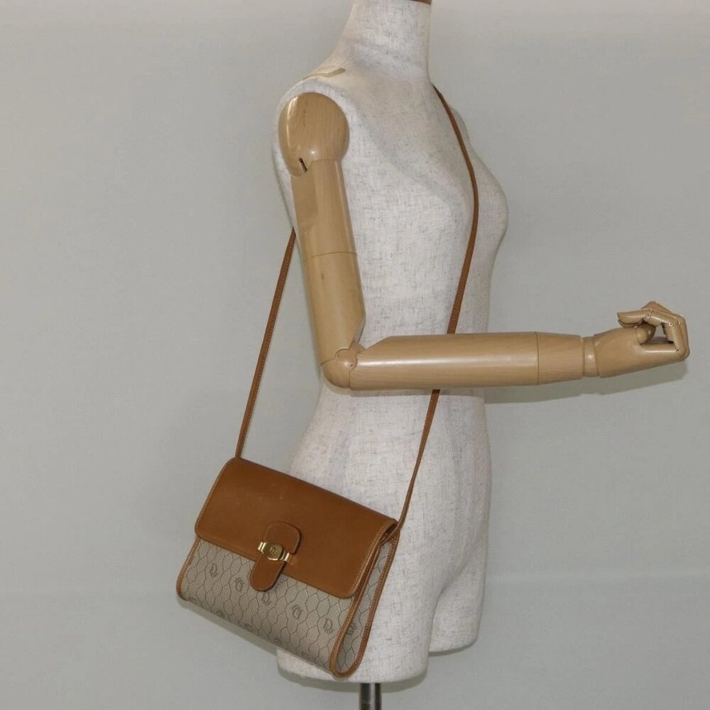 Christian Dior Honeycomb Canvas Shoulder Bag PVC Leather Beige Gold Auth BA7080